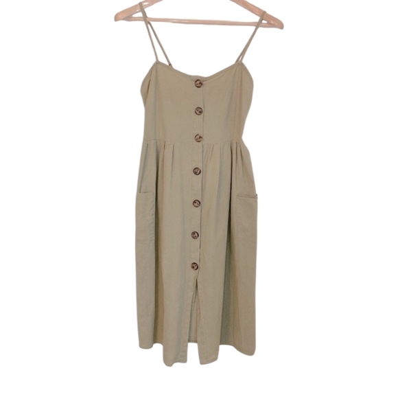 Dresses & Skirts - Sage Green Spaghetti Strap A-Line Dress w|brown button accents
